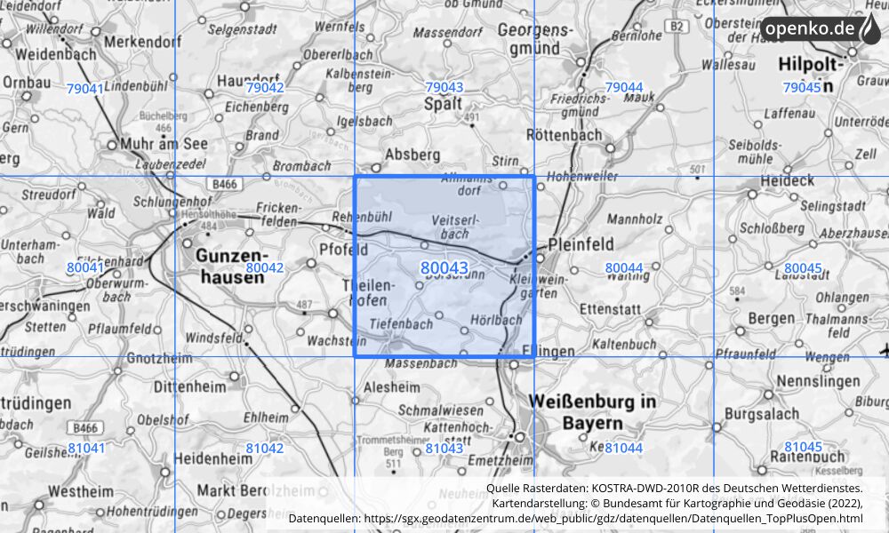 Übersichtskarte KOSTRA-DWD-2010R Rasterfeld Nr. 80043 mit angrenzenden Feldern