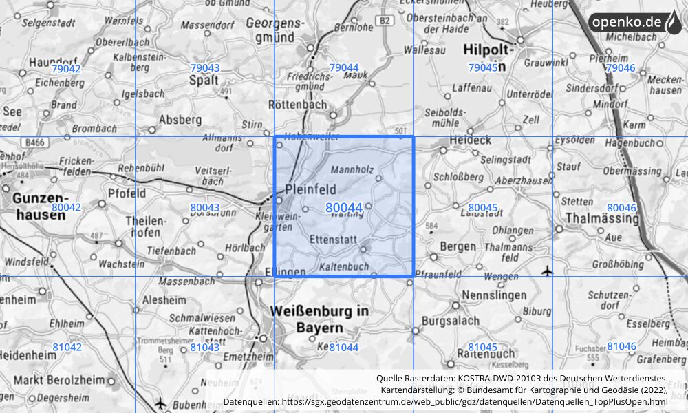 Übersichtskarte KOSTRA-DWD-2010R Rasterfeld Nr. 80044 mit angrenzenden Feldern