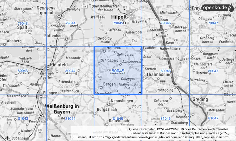 Übersichtskarte KOSTRA-DWD-2010R Rasterfeld Nr. 80045 mit angrenzenden Feldern