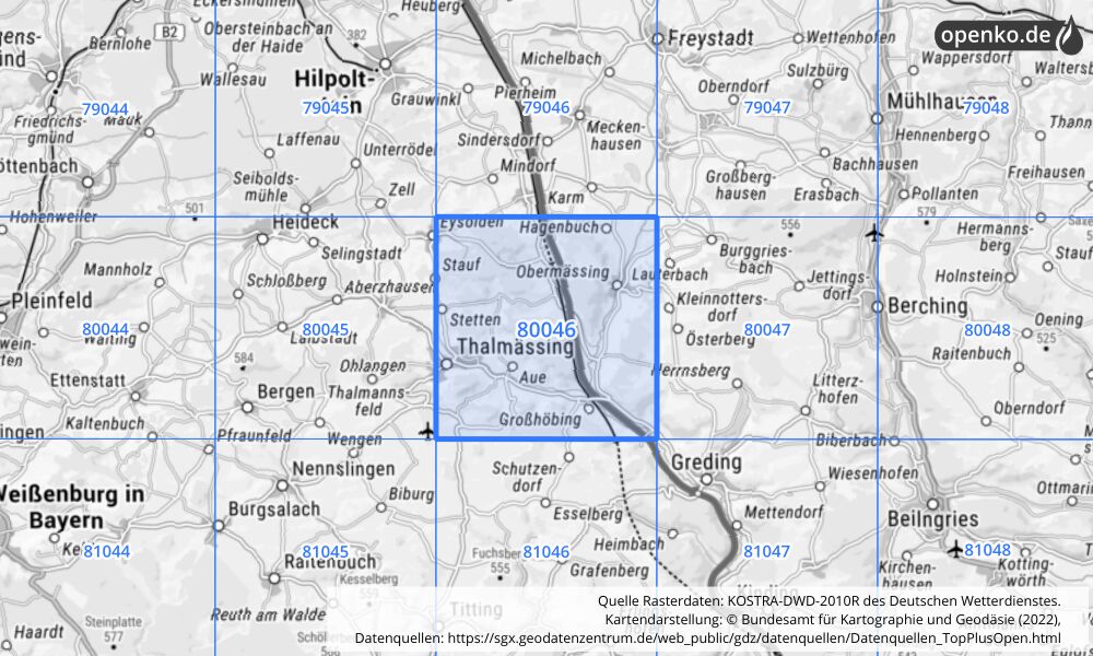 Übersichtskarte KOSTRA-DWD-2010R Rasterfeld Nr. 80046 mit angrenzenden Feldern