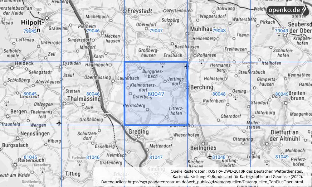 Übersichtskarte KOSTRA-DWD-2010R Rasterfeld Nr. 80047 mit angrenzenden Feldern