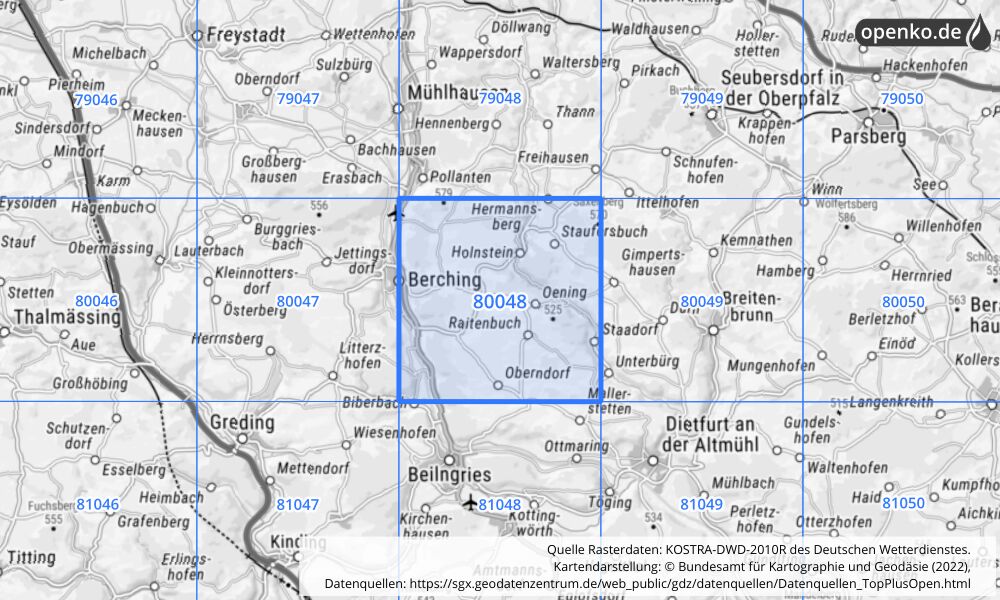 Übersichtskarte KOSTRA-DWD-2010R Rasterfeld Nr. 80048 mit angrenzenden Feldern