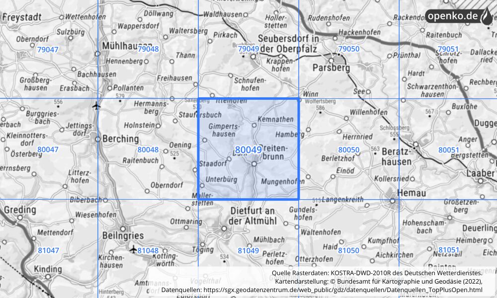 Übersichtskarte KOSTRA-DWD-2010R Rasterfeld Nr. 80049 mit angrenzenden Feldern