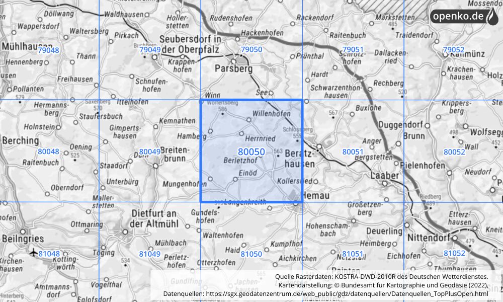 Übersichtskarte KOSTRA-DWD-2010R Rasterfeld Nr. 80050 mit angrenzenden Feldern