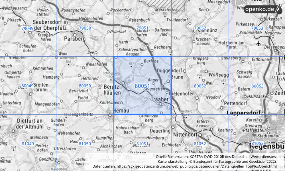 Übersichtskarte KOSTRA-DWD-2010R Rasterfeld Nr. 80051 mit angrenzenden Feldern