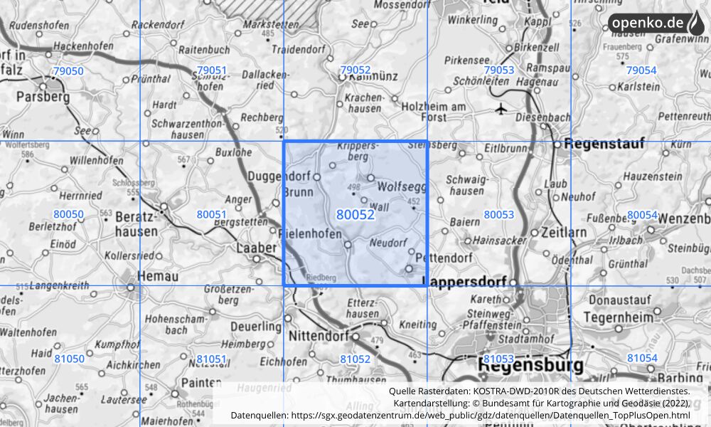 Übersichtskarte KOSTRA-DWD-2010R Rasterfeld Nr. 80052 mit angrenzenden Feldern