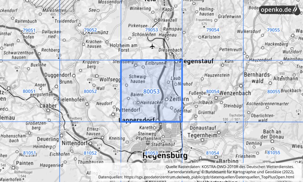 Übersichtskarte KOSTRA-DWD-2010R Rasterfeld Nr. 80053 mit angrenzenden Feldern