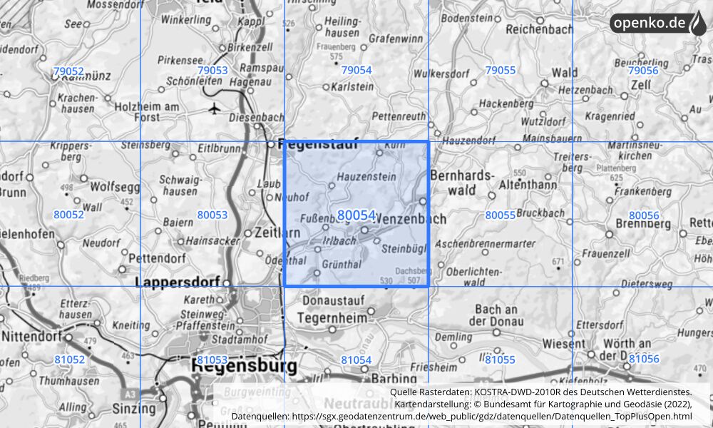 Übersichtskarte KOSTRA-DWD-2010R Rasterfeld Nr. 80054 mit angrenzenden Feldern