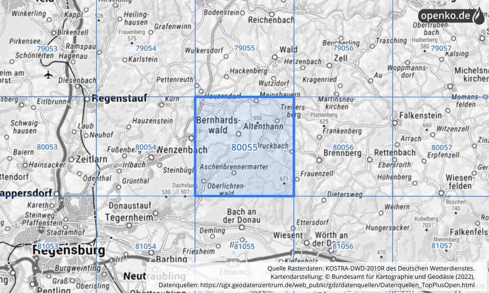 Übersichtskarte KOSTRA-DWD-2010R Rasterfeld Nr. 80055 mit angrenzenden Feldern