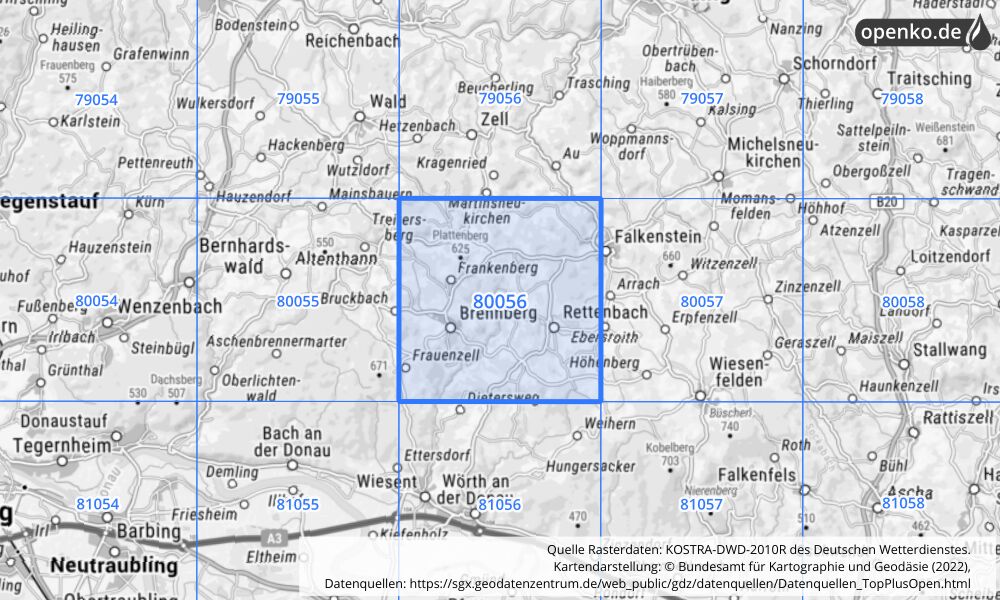 Übersichtskarte KOSTRA-DWD-2010R Rasterfeld Nr. 80056 mit angrenzenden Feldern