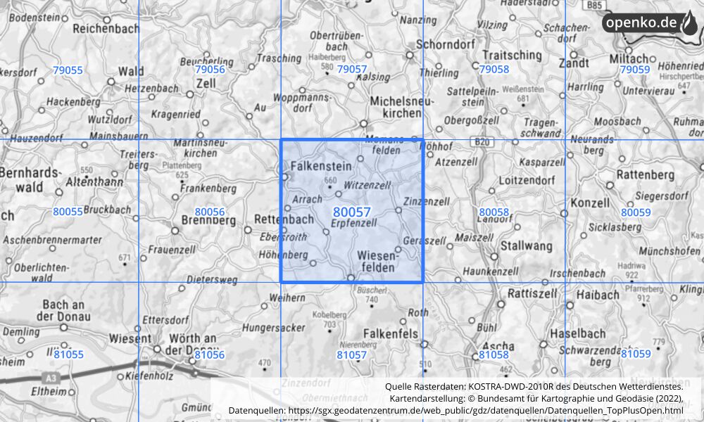 Übersichtskarte KOSTRA-DWD-2010R Rasterfeld Nr. 80057 mit angrenzenden Feldern