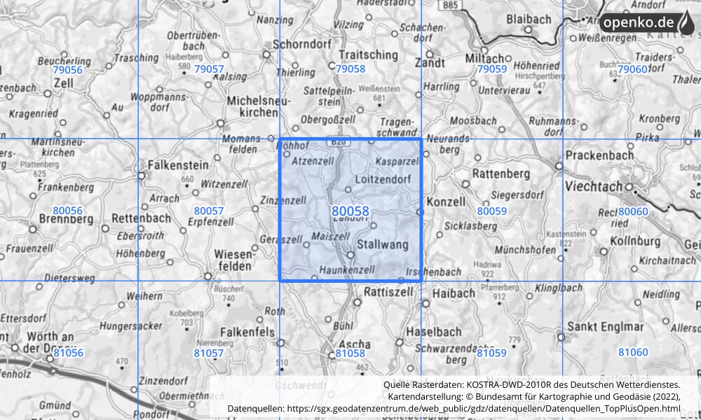 Übersichtskarte KOSTRA-DWD-2010R Rasterfeld Nr. 80058 mit angrenzenden Feldern