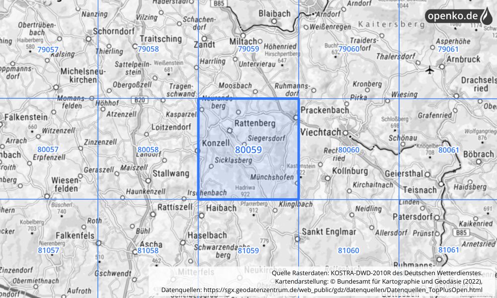 Übersichtskarte KOSTRA-DWD-2010R Rasterfeld Nr. 80059 mit angrenzenden Feldern