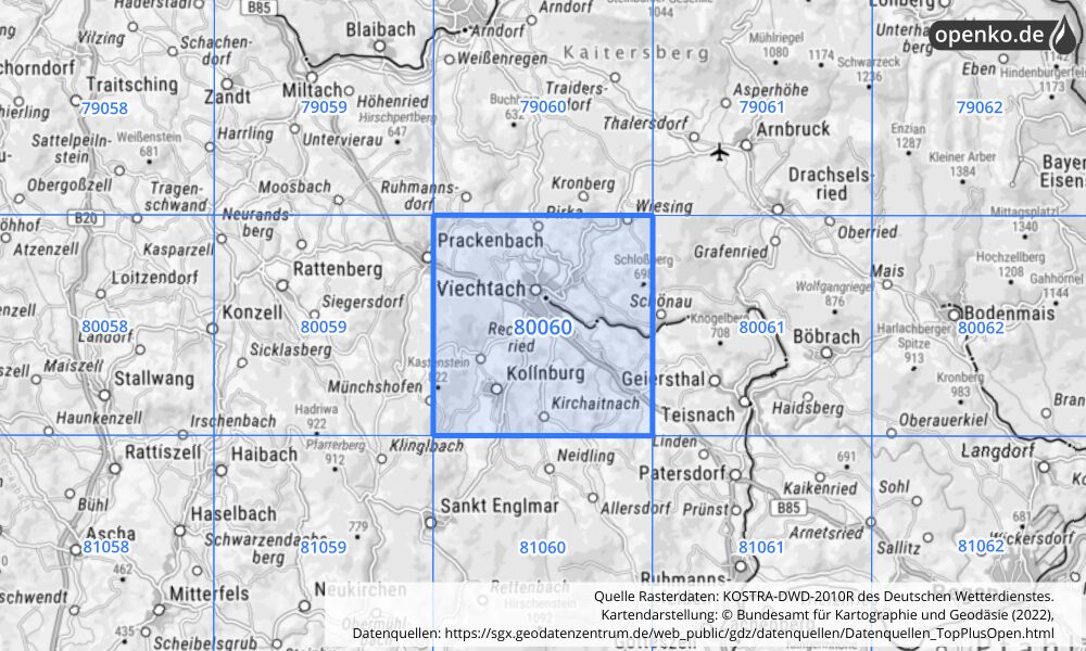 Übersichtskarte KOSTRA-DWD-2010R Rasterfeld Nr. 80060 mit angrenzenden Feldern