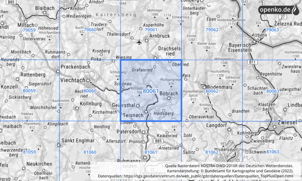 Übersichtskarte KOSTRA-DWD-2010R Rasterfeld Nr. 80061 mit angrenzenden Feldern