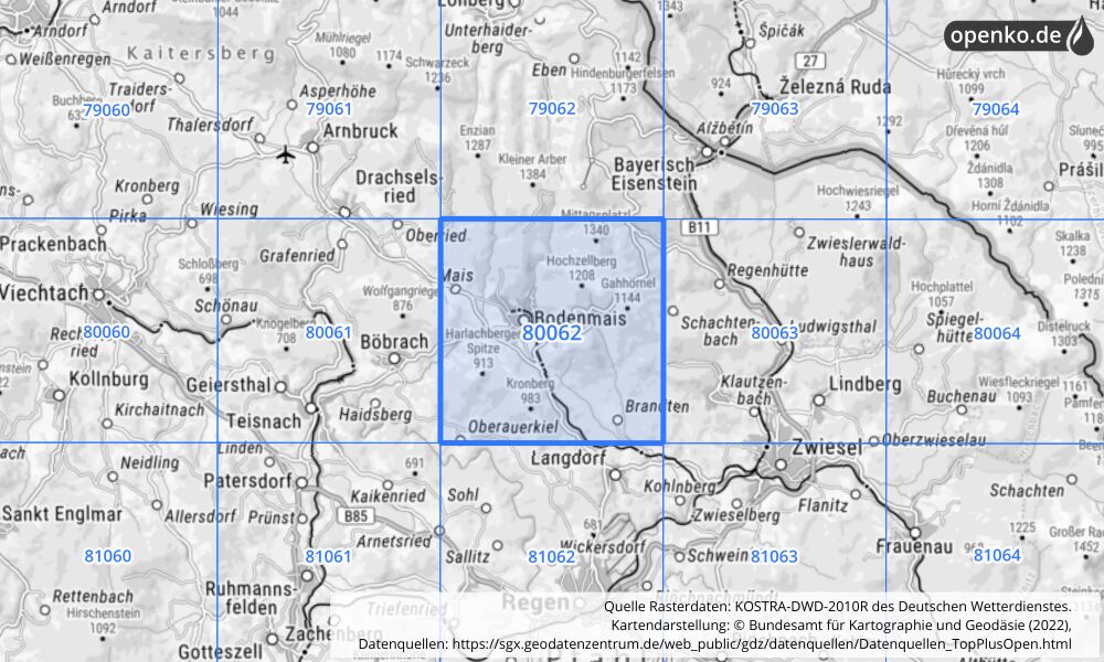 Übersichtskarte KOSTRA-DWD-2010R Rasterfeld Nr. 80062 mit angrenzenden Feldern