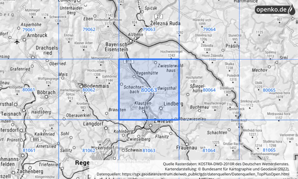 Übersichtskarte KOSTRA-DWD-2010R Rasterfeld Nr. 80063 mit angrenzenden Feldern