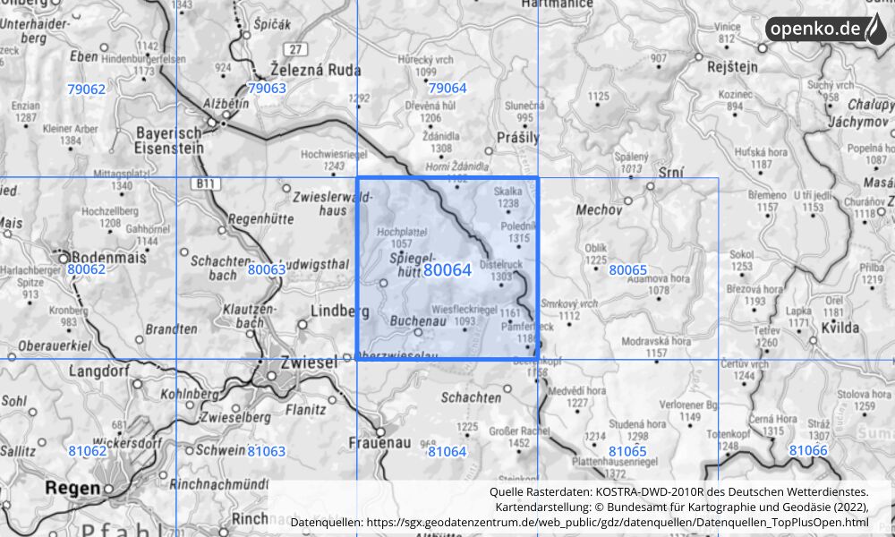 Übersichtskarte KOSTRA-DWD-2010R Rasterfeld Nr. 80064 mit angrenzenden Feldern