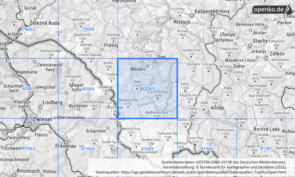 Übersichtskarte KOSTRA-DWD-2010R Rasterfeld Nr. 80065 mit angrenzenden Feldern