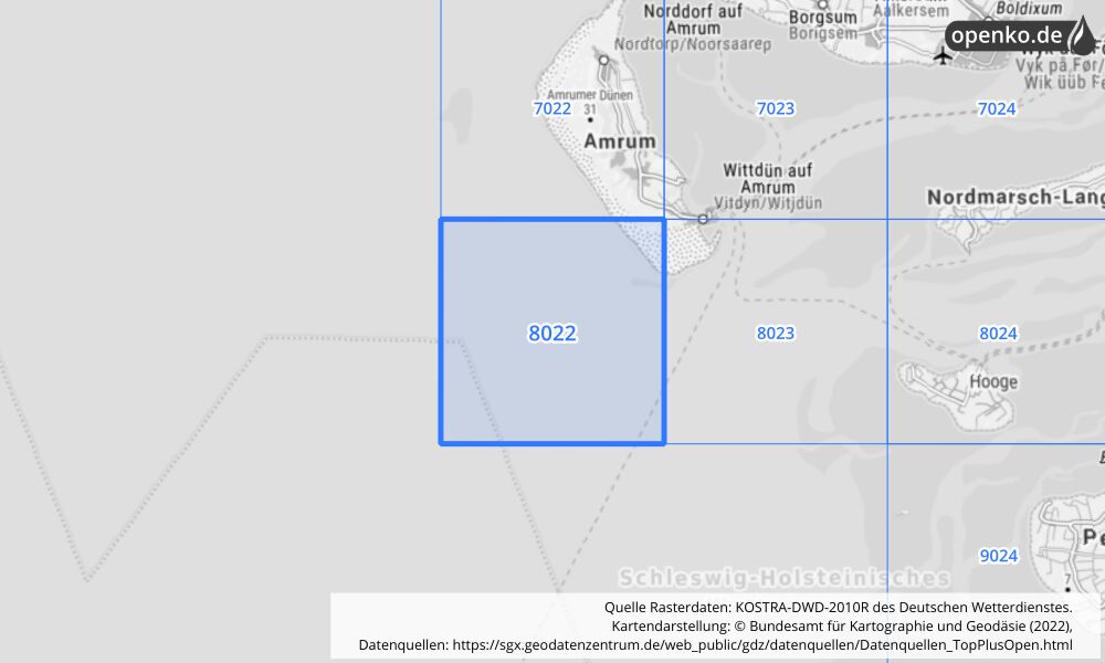 Übersichtskarte KOSTRA-DWD-2010R Rasterfeld Nr. 8022 mit angrenzenden Feldern