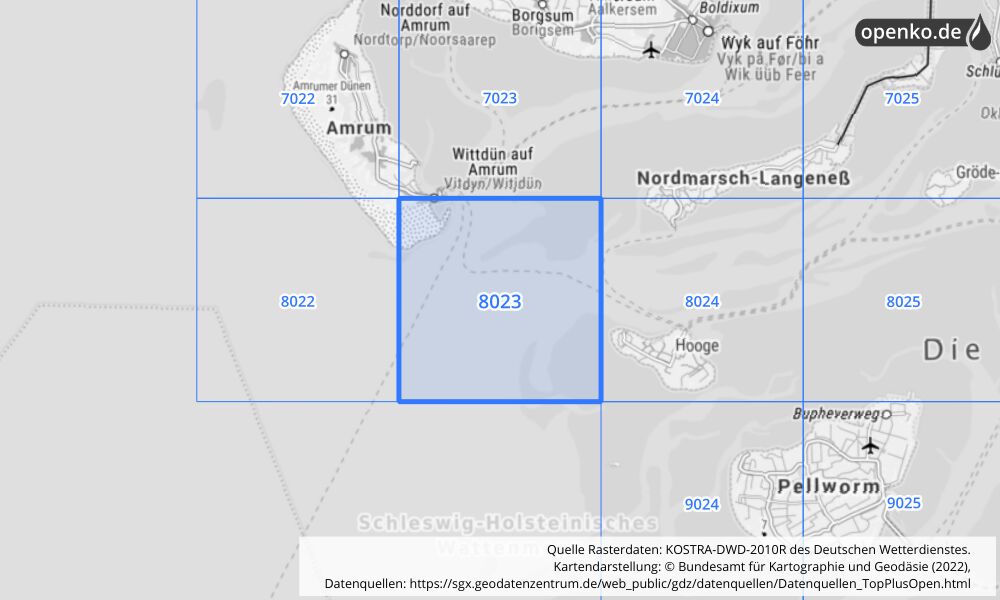 Übersichtskarte KOSTRA-DWD-2010R Rasterfeld Nr. 8023 mit angrenzenden Feldern