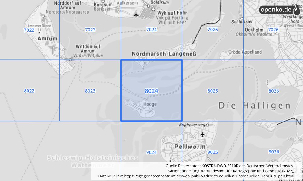 Übersichtskarte KOSTRA-DWD-2010R Rasterfeld Nr. 8024 mit angrenzenden Feldern