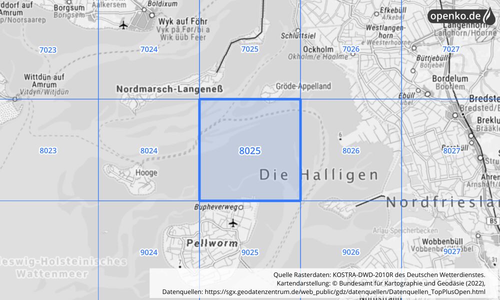 Übersichtskarte KOSTRA-DWD-2010R Rasterfeld Nr. 8025 mit angrenzenden Feldern