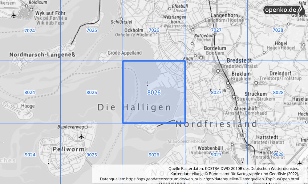 Übersichtskarte KOSTRA-DWD-2010R Rasterfeld Nr. 8026 mit angrenzenden Feldern