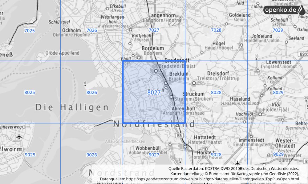 Übersichtskarte KOSTRA-DWD-2010R Rasterfeld Nr. 8027 mit angrenzenden Feldern