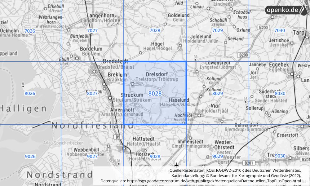 Übersichtskarte KOSTRA-DWD-2010R Rasterfeld Nr. 8028 mit angrenzenden Feldern