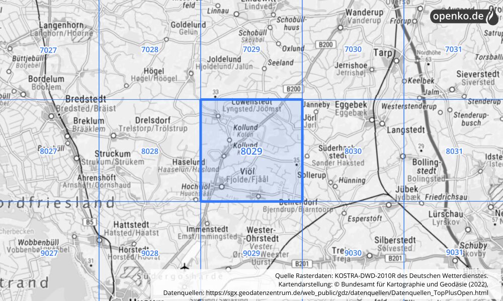 Übersichtskarte KOSTRA-DWD-2010R Rasterfeld Nr. 8029 mit angrenzenden Feldern