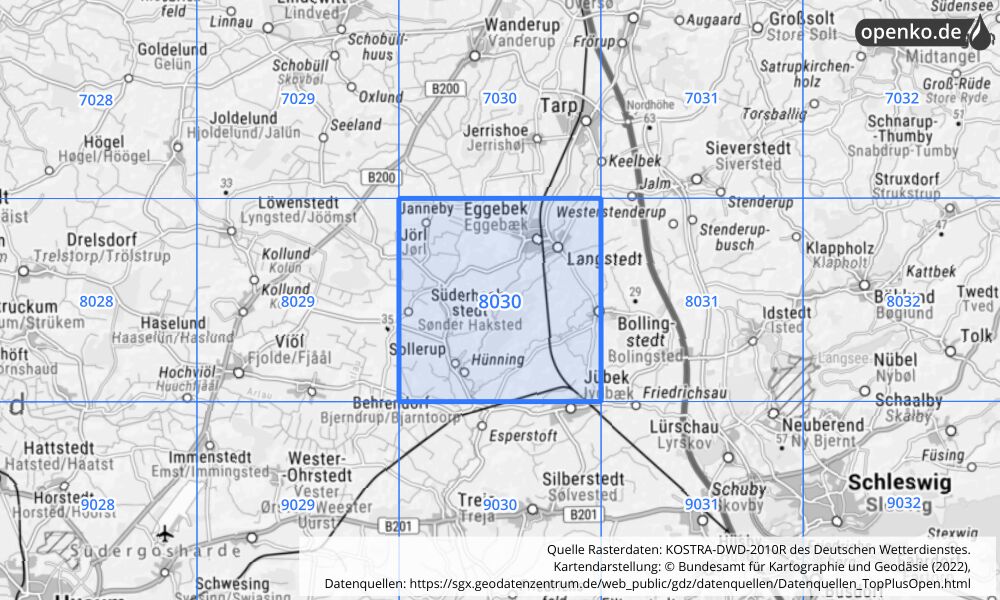 Übersichtskarte KOSTRA-DWD-2010R Rasterfeld Nr. 8030 mit angrenzenden Feldern