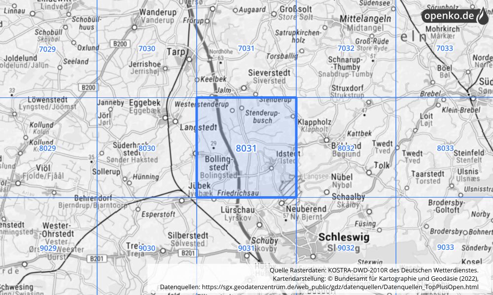 Übersichtskarte KOSTRA-DWD-2010R Rasterfeld Nr. 8031 mit angrenzenden Feldern