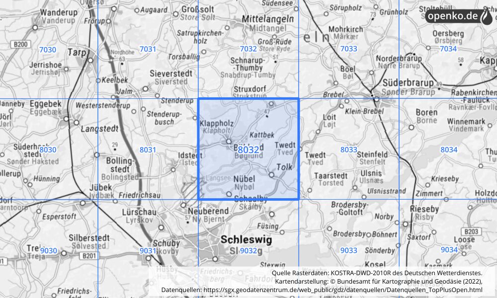 Übersichtskarte KOSTRA-DWD-2010R Rasterfeld Nr. 8032 mit angrenzenden Feldern