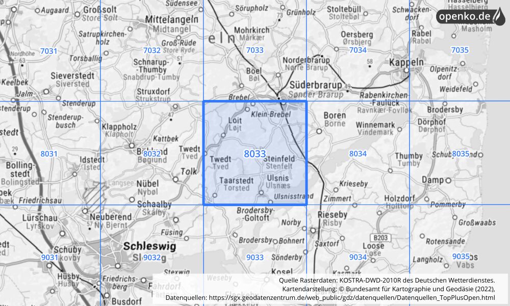 Übersichtskarte KOSTRA-DWD-2010R Rasterfeld Nr. 8033 mit angrenzenden Feldern