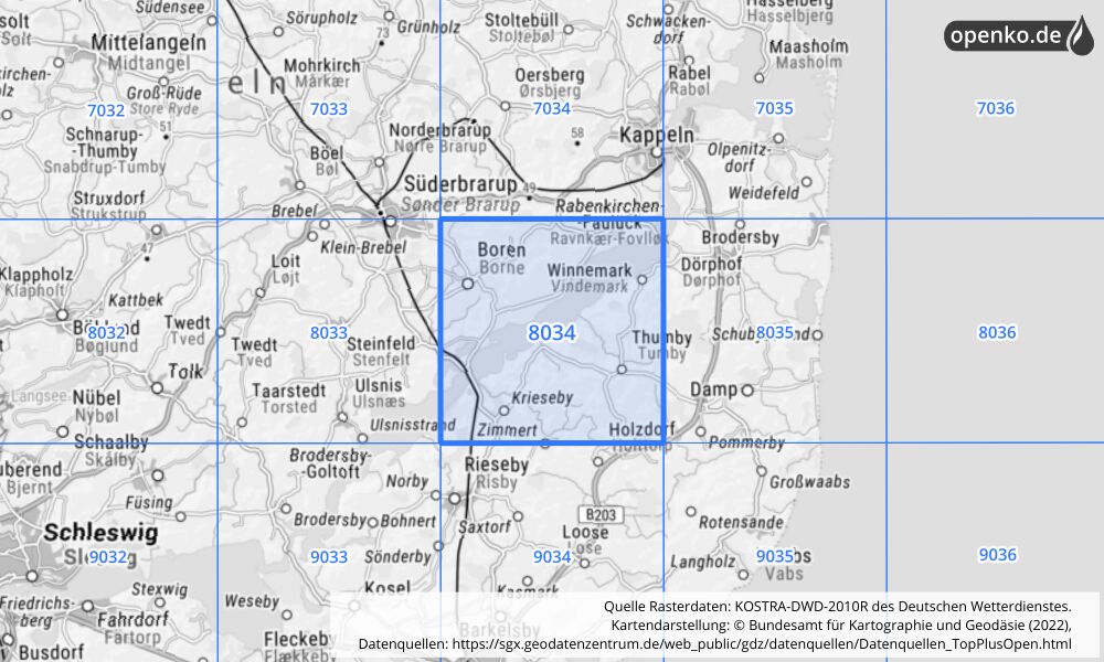 Übersichtskarte KOSTRA-DWD-2010R Rasterfeld Nr. 8034 mit angrenzenden Feldern