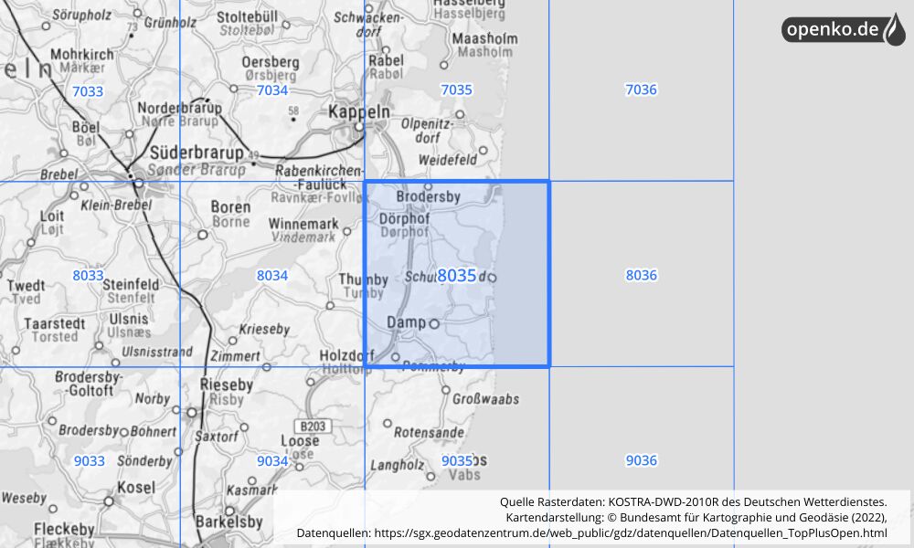 Übersichtskarte KOSTRA-DWD-2010R Rasterfeld Nr. 8035 mit angrenzenden Feldern