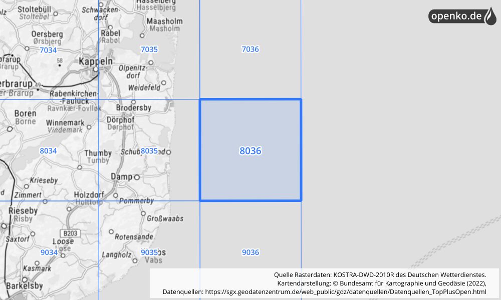 Übersichtskarte KOSTRA-DWD-2010R Rasterfeld Nr. 8036 mit angrenzenden Feldern