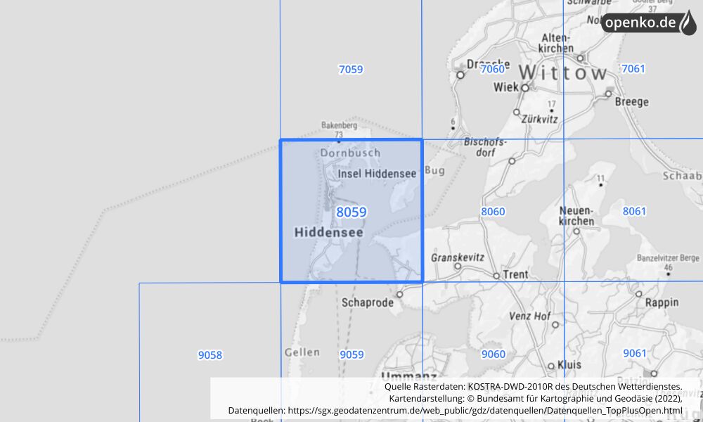 Übersichtskarte KOSTRA-DWD-2010R Rasterfeld Nr. 8059 mit angrenzenden Feldern