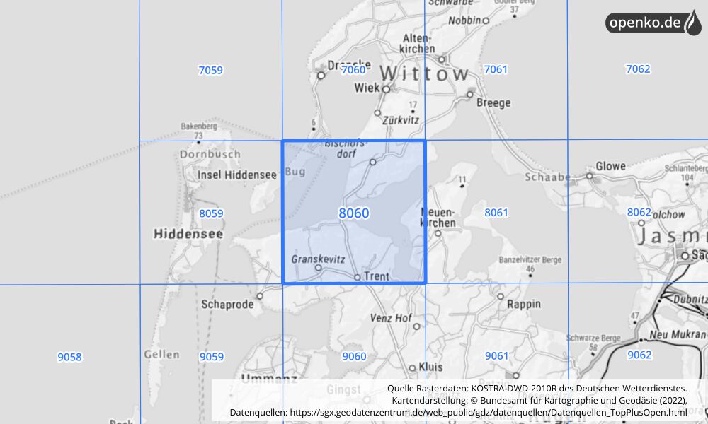 Übersichtskarte KOSTRA-DWD-2010R Rasterfeld Nr. 8060 mit angrenzenden Feldern