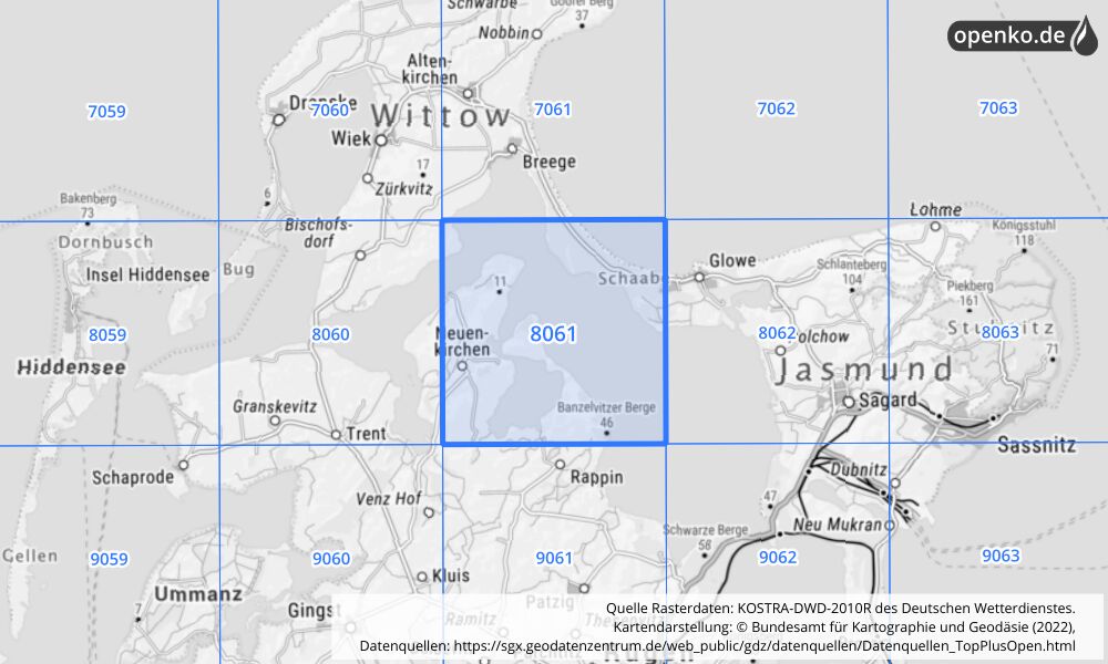 Übersichtskarte KOSTRA-DWD-2010R Rasterfeld Nr. 8061 mit angrenzenden Feldern