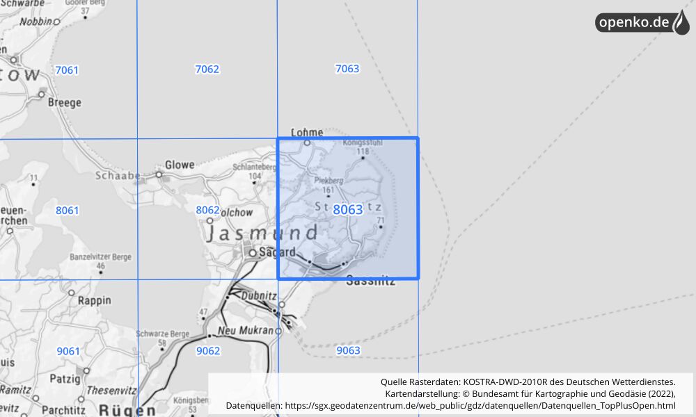 Übersichtskarte KOSTRA-DWD-2010R Rasterfeld Nr. 8063 mit angrenzenden Feldern
