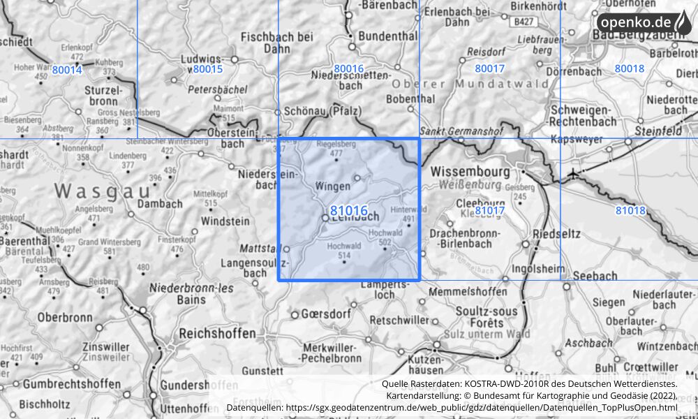 Übersichtskarte KOSTRA-DWD-2010R Rasterfeld Nr. 81016 mit angrenzenden Feldern