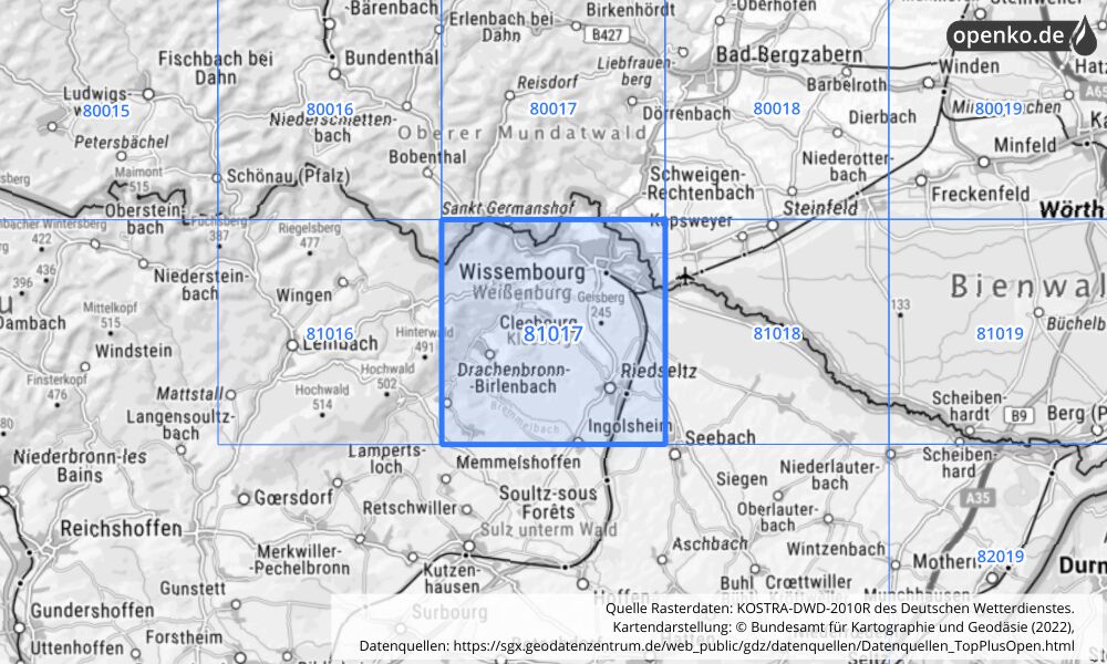 Übersichtskarte KOSTRA-DWD-2010R Rasterfeld Nr. 81017 mit angrenzenden Feldern