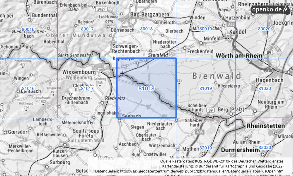 Übersichtskarte KOSTRA-DWD-2010R Rasterfeld Nr. 81018 mit angrenzenden Feldern