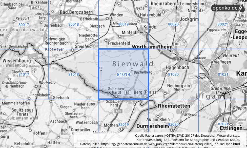 Übersichtskarte KOSTRA-DWD-2010R Rasterfeld Nr. 81019 mit angrenzenden Feldern