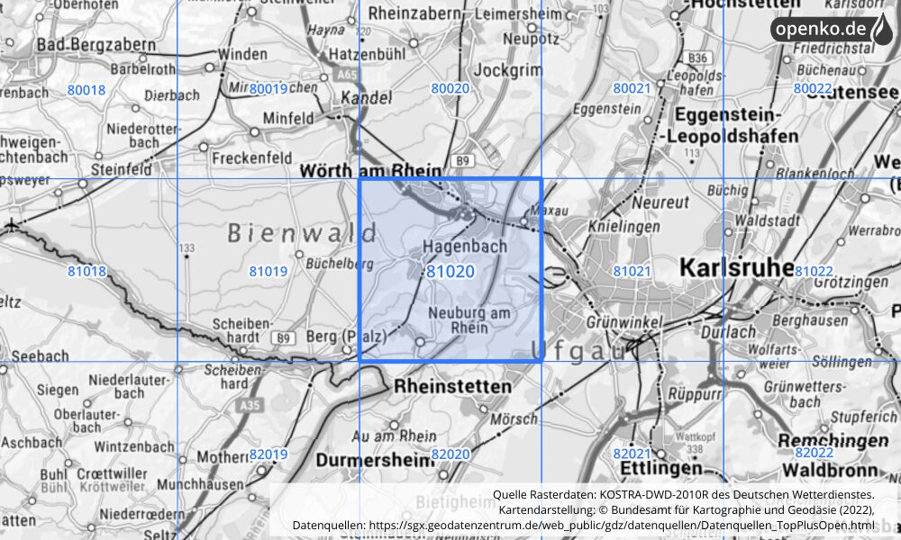 Übersichtskarte KOSTRA-DWD-2010R Rasterfeld Nr. 81020 mit angrenzenden Feldern