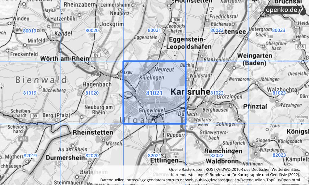 Übersichtskarte KOSTRA-DWD-2010R Rasterfeld Nr. 81021 mit angrenzenden Feldern