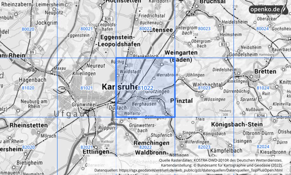 Übersichtskarte KOSTRA-DWD-2010R Rasterfeld Nr. 81022 mit angrenzenden Feldern