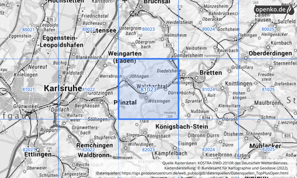 Übersichtskarte KOSTRA-DWD-2010R Rasterfeld Nr. 81023 mit angrenzenden Feldern